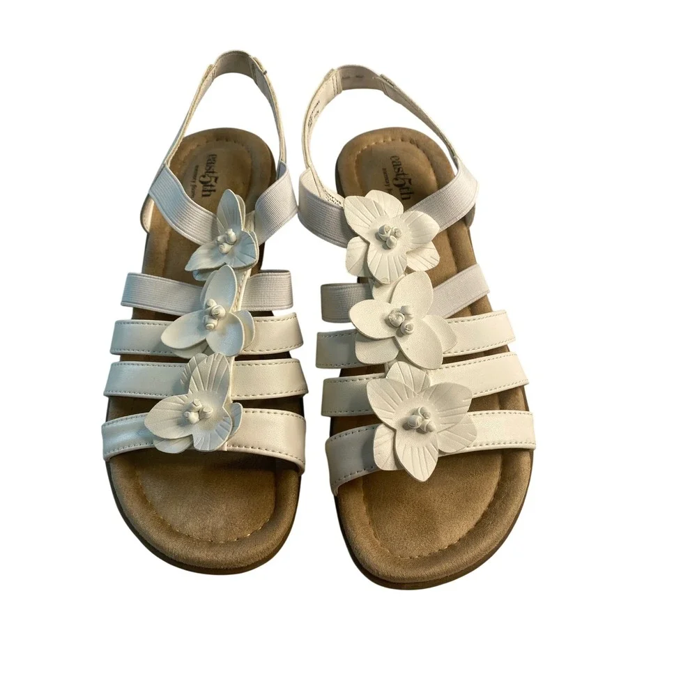 East 5th Womens White Floral Strappy Wedge Sandals Memory Foam‎ Size 7.5 M